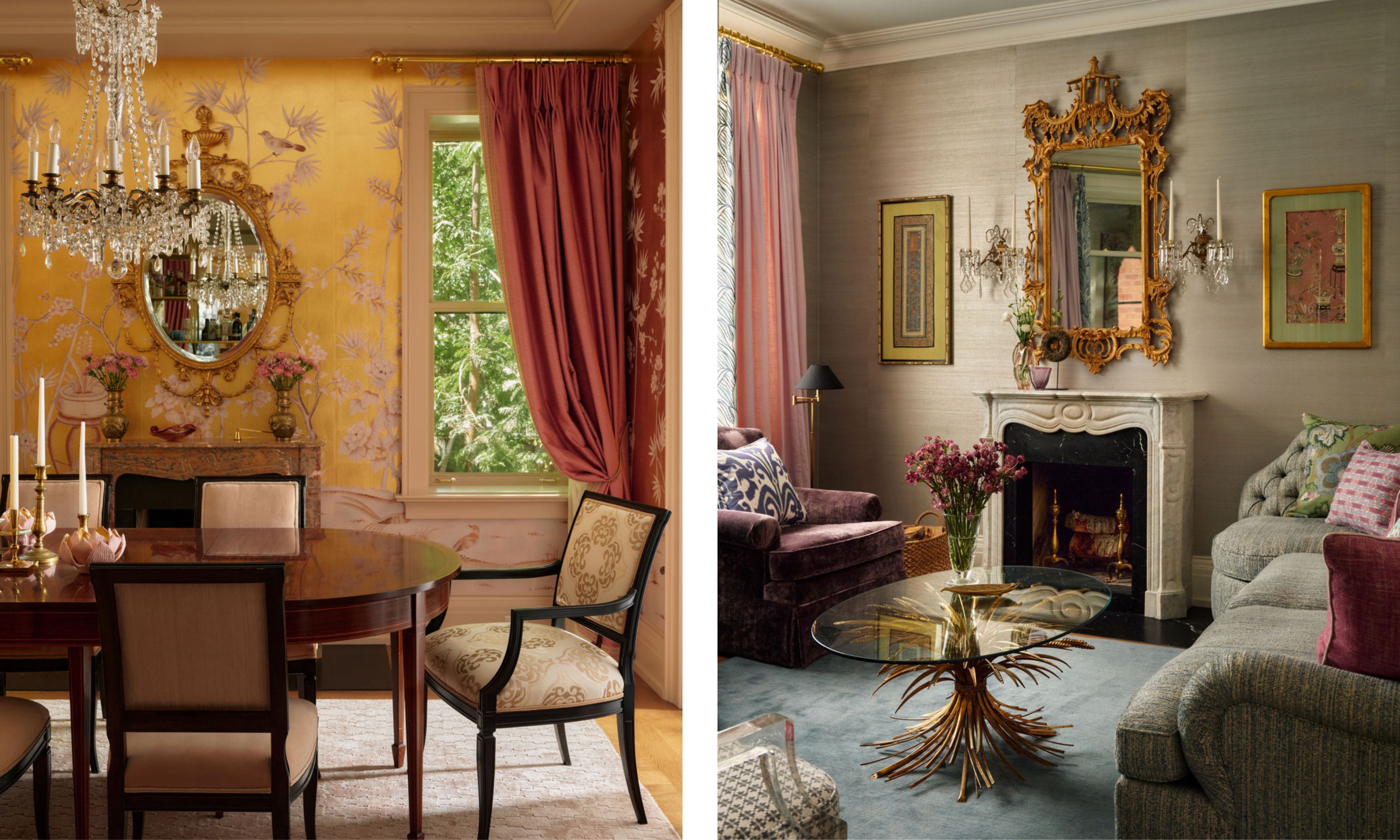 two side by side images of layered dining room and living room in a Victorian home in Toronto