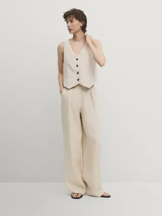 100% Linen Wide-Leg Suit Trousers With Darts