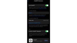 ChatGPT Extension settings under Apple Intelligence and Siri on an iPhone running iOS 18.2