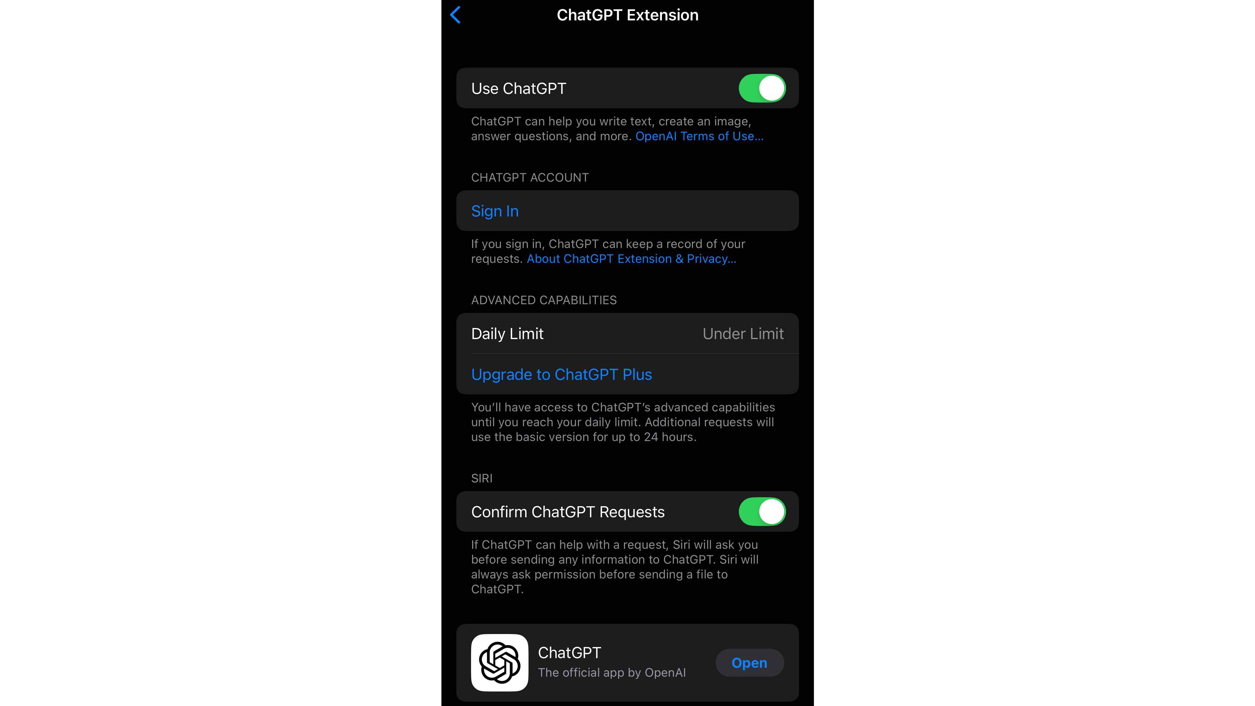 ChatGPT Extension settings under Apple Intelligence and Siri on an iPhone running iOS 18.2