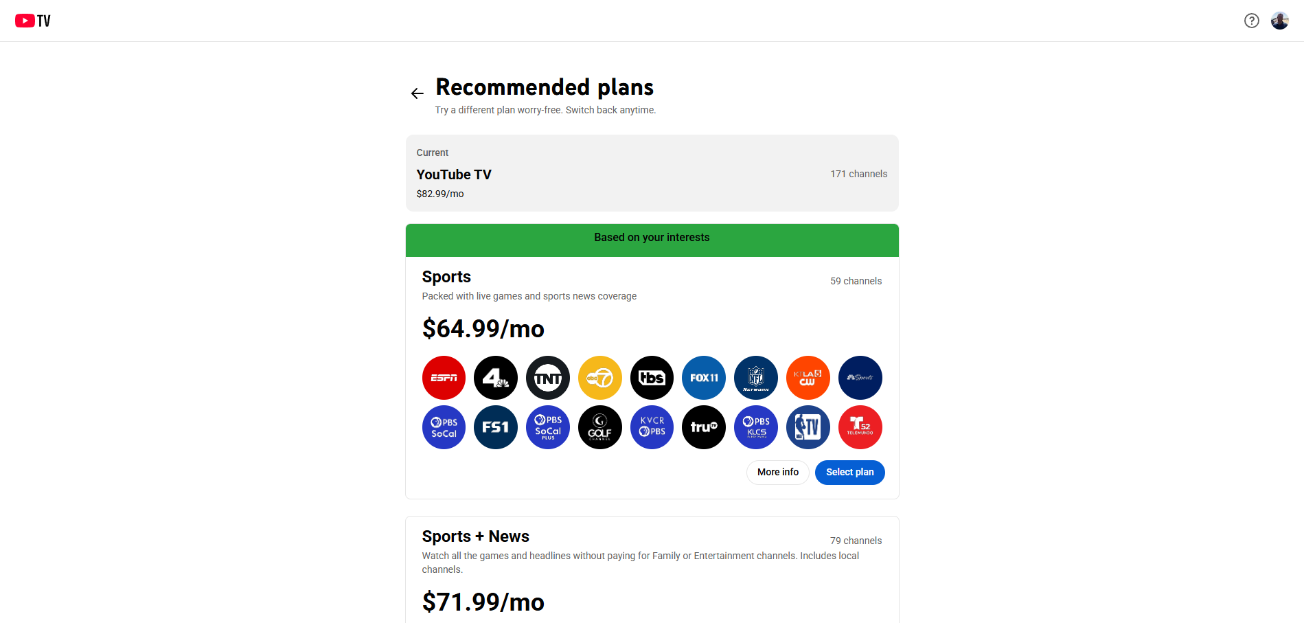 YouTube TV recommended plans