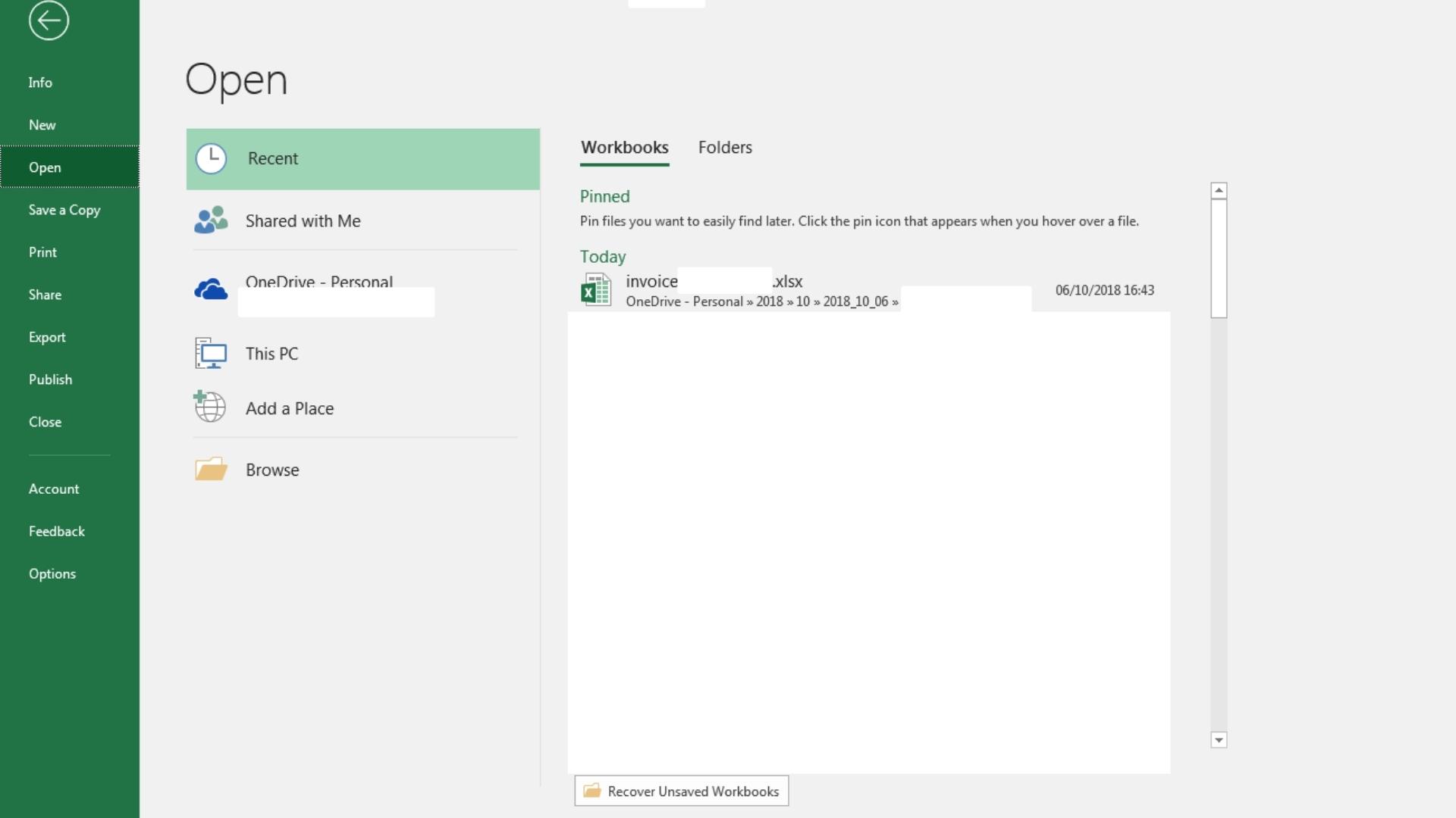 Screenshot of recent files view in Microsoft Excel