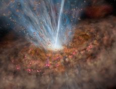 Artist&rsquo;s concept of the environment around the supermassive black hole at the center of Mrk 231. The broad outflow seen in the Gemini data is shown as the fan-shaped wedge at the top of the accretion disk around the black hole. The total amount of materia
