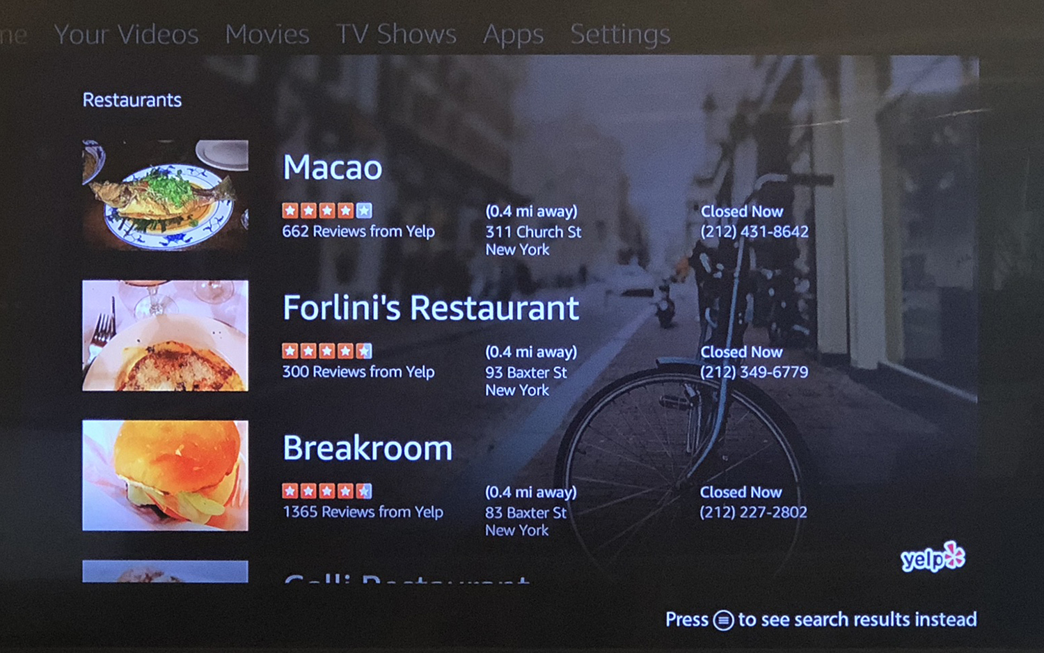 The Fire TV Stick interface with local restaurants on screen