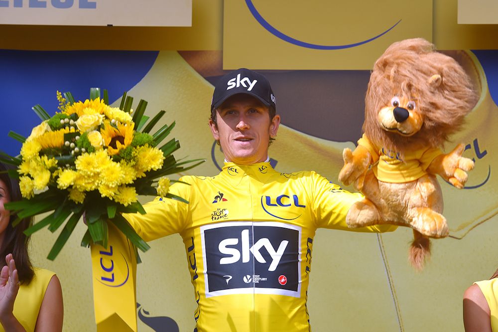 Geraint Thomas in the yellow jersey after stage 2