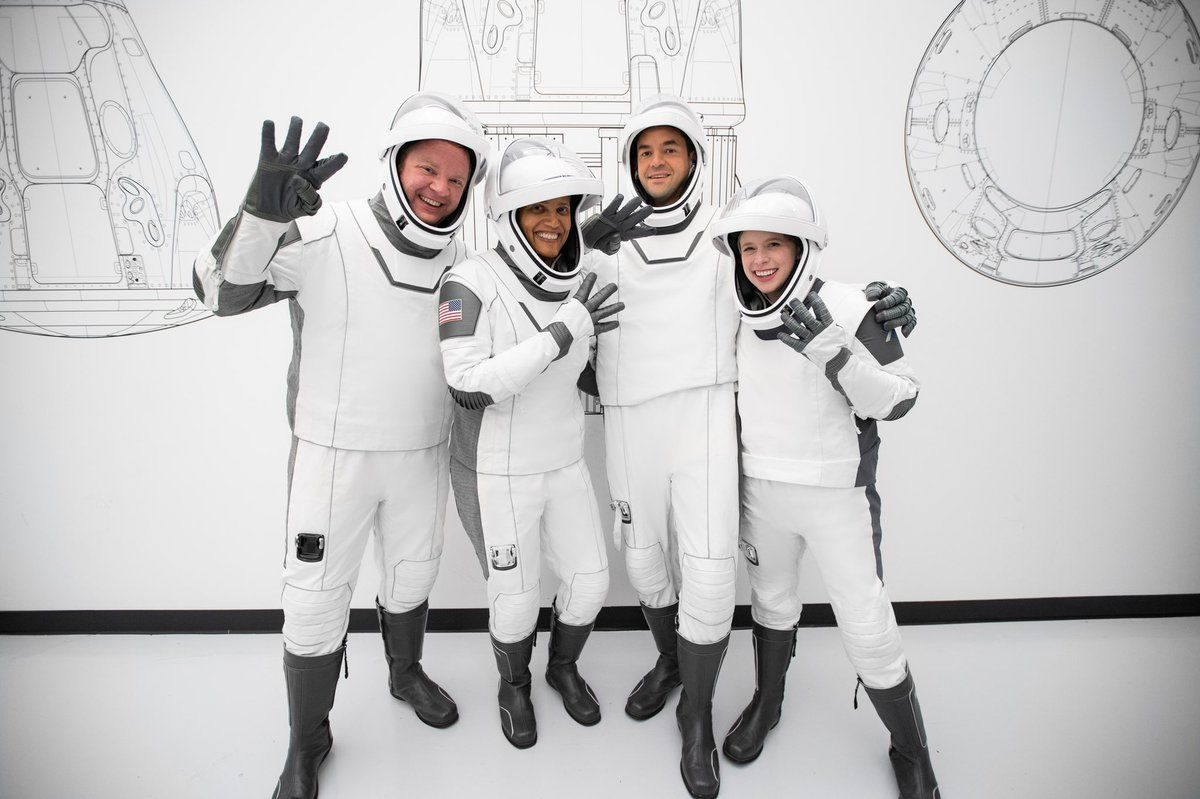 The crew of the private Inspiration4 mission — from left, Chris Sembroski, Sian Proctor, Jared Isaacman and Hayley Arceneaux — wrapped up their training at SpaceX headquarters in Los Angeles and headed to Florida on Sept. 9, 2021. The quartet is scheduled to launch to Earth orbit aboard a SpaceX Crew Dragon capsule from NASA’s Kennedy Space Center on Sept. 15, 2021.