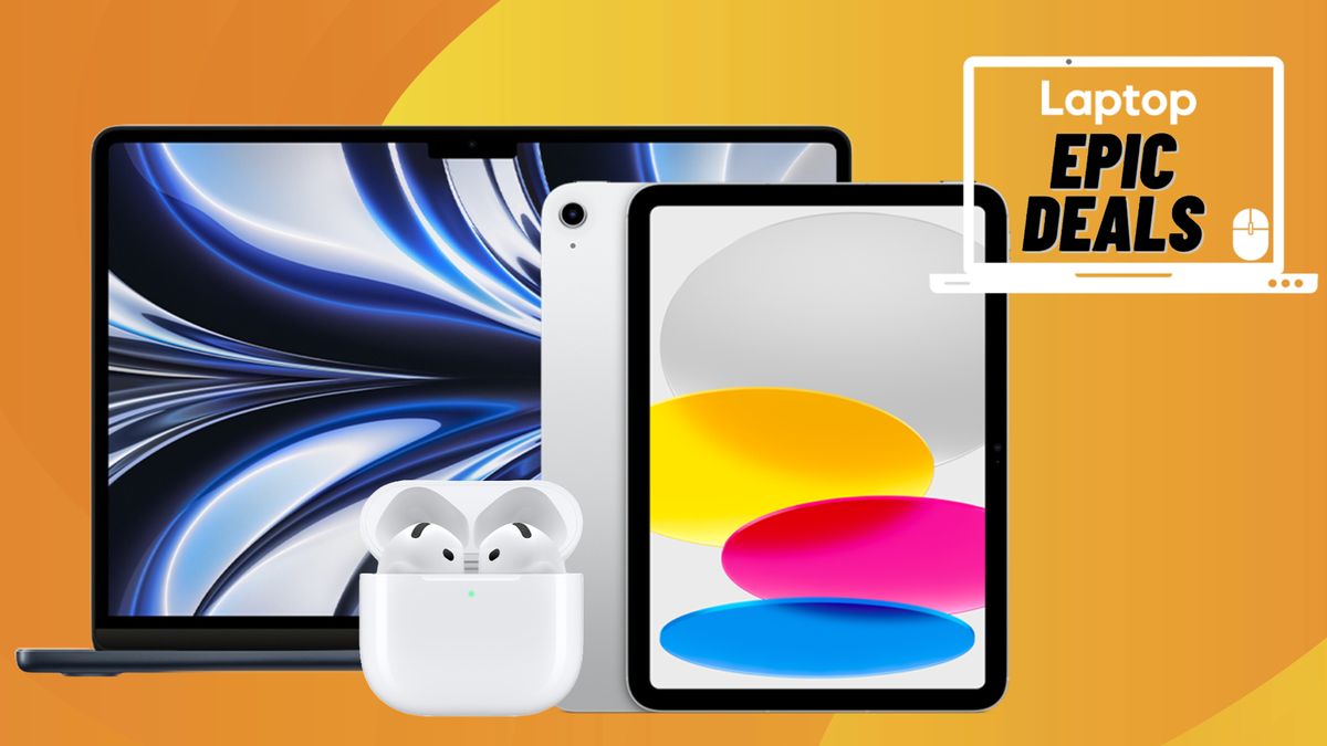 A MacBook Air M2, iPad 10, and AirPods 4 in front of an abstract yellow background with a Laptop Mag deals icon