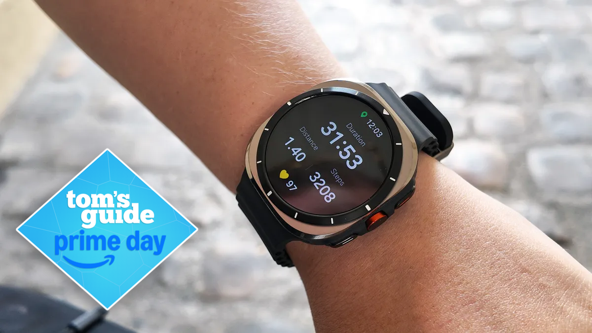 Person wearing the Samsung Galaxy Watch Ultra with workout stats on the screen