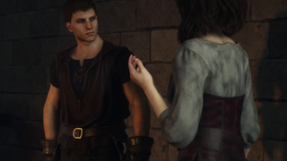 Dragon's Dogma 2 - A thief rests his hand on his hip while chatting to a fair maiden