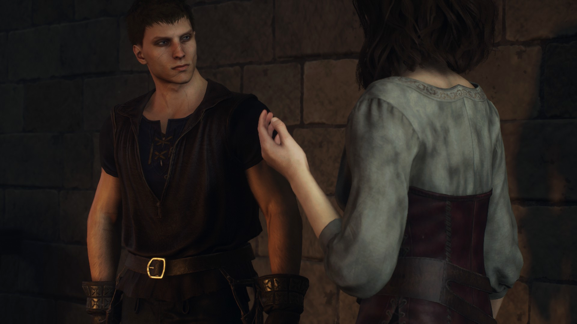 A thief rests his hand on his hip while chatting to a fair maiden in Dragon's Dogma 2.