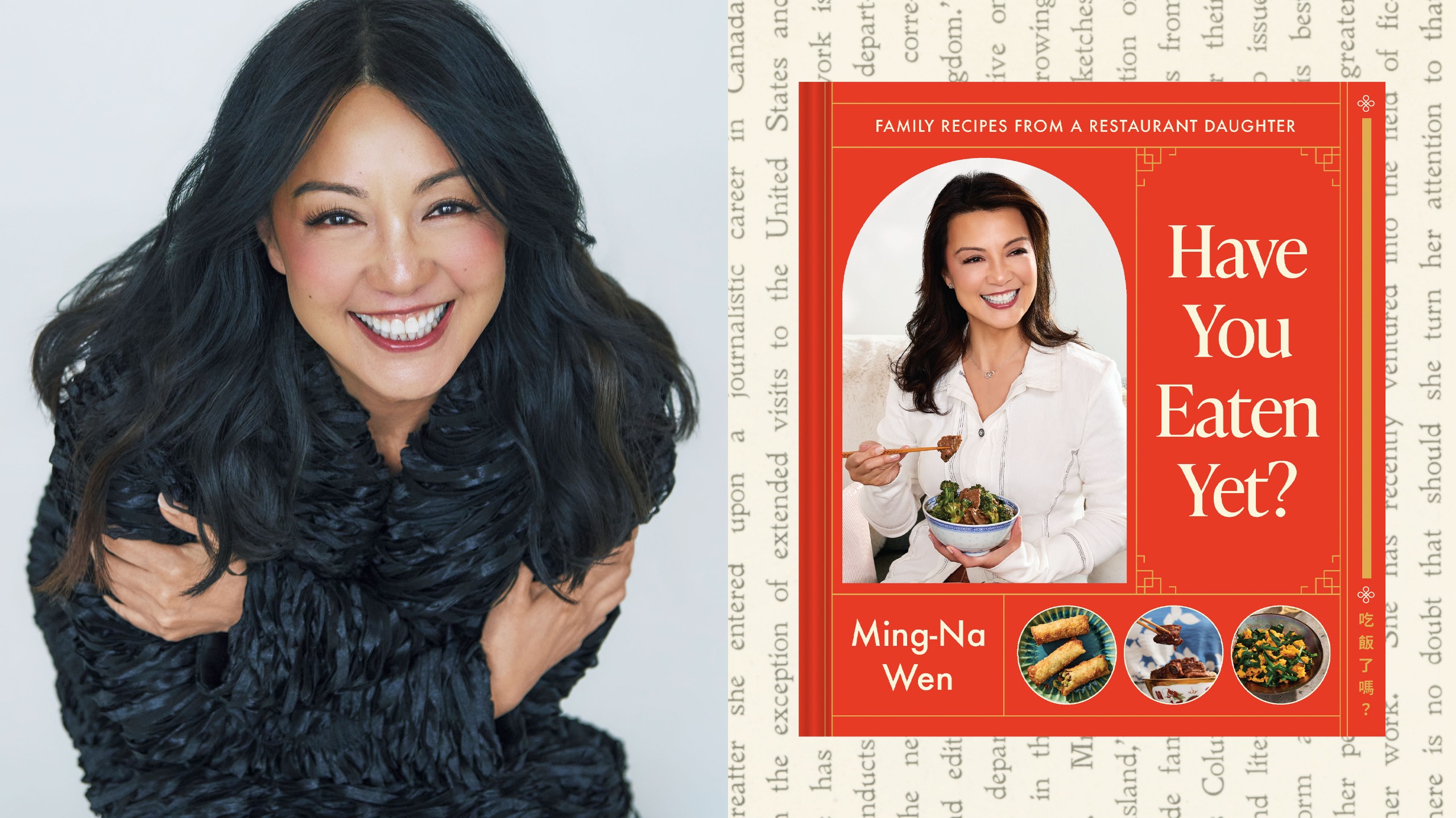 a split image of actress ming-na wen posing smiling hugging herself wearing a black furry coat opposite an image of the cover of her cookbook have you eaten yet