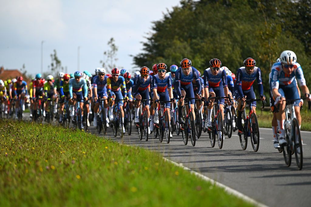 LICHTERVELDE BELGIUM SEPTEMBER 25 LR Max Walscheid of Germany and Kelland Obrien of Australia and Team Jayco AlUla compete during the 77th Omloop van het Houtland 2024 a 1952km one day race from Eernegem to Lichtervelde on September 25 2024 in Lichtervelde Belgium Photo by Luc ClaessenGetty Images