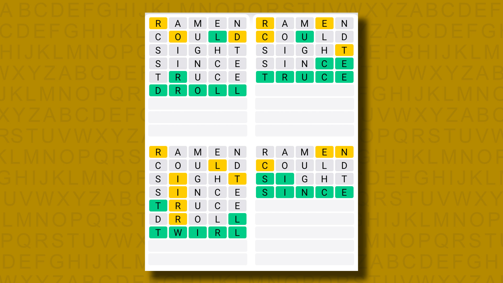 Quordle answers for game 1260 on a yellow background