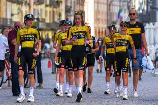 CUNEO, ITALY - JULY 01: Marianne Vos of Netherlands, Nancy Van Der Burg of Netherlands, Riejanne Markus of Netherlands, Anouska Helena Koster of Netherlands, Julie Van De Velde of Belgium & Teuntje Beekhuis of Netherlands and Jumbo Visma Team during the 32nd Giro d'Italia Internazionale Femminile 2021 - Team Presentation / #GiroDonne / #UCIWWT / on July 01, 2021 in Cuneo, Italy. (Photo by Luc Claessen/Getty Images)