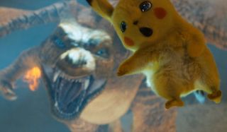 Detective Pikachu falling towards an angry Charizard