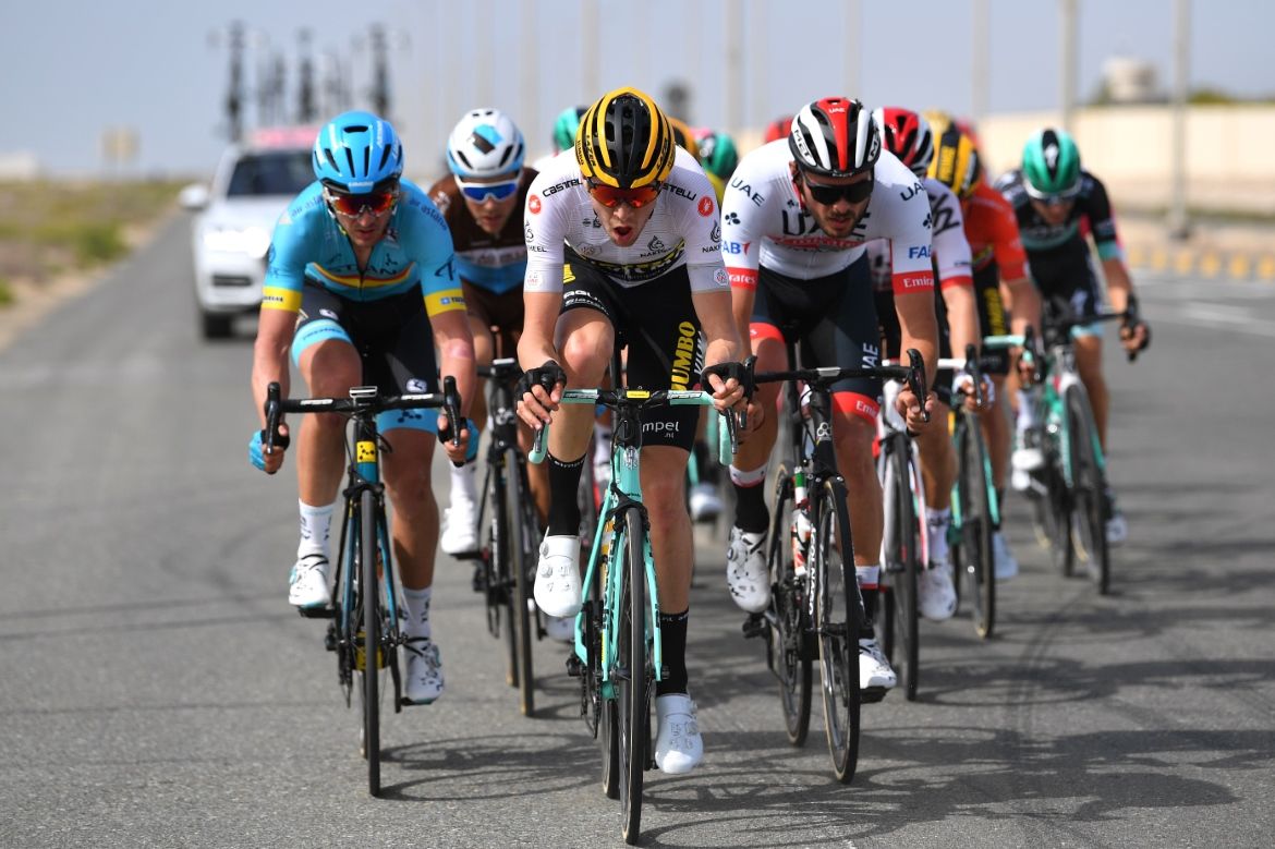After winning the opening stage team time trial Jumbo-Visma shared the leader's jerseys amongst the team