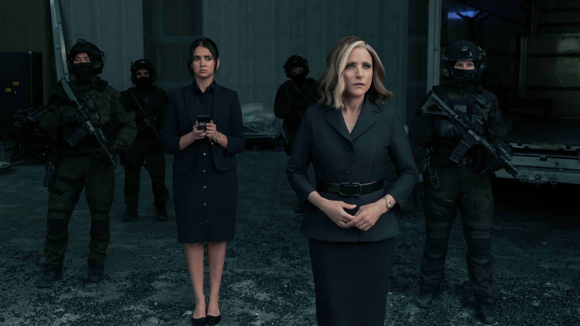 Geraldine Viswanathan as Mel and Julia Louis-Dreyfus as Valentina in Marvel's Thunderbolts