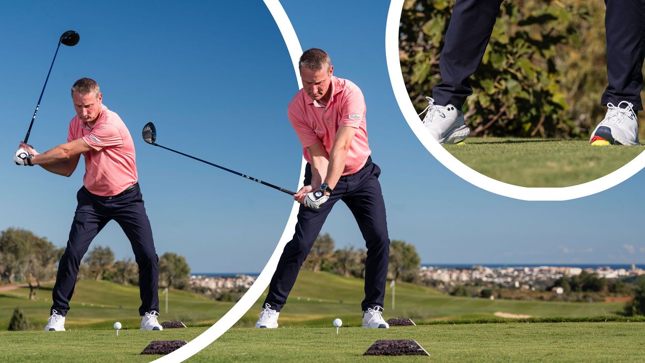 Anders Mankert demonstrating two key positions in the downswing, with an inset image of a drill which focuses on improving weight transfer using a tennis ball