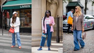 A composite of street style influencers showing how to style baggy jeans with a blazer