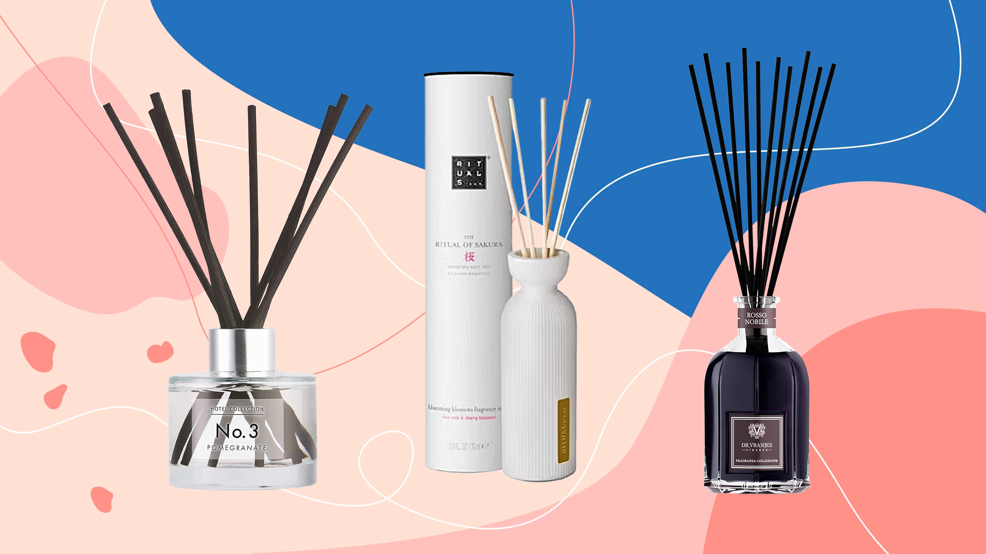 Ideal Home&#039;s top rated reed diffusers on a patterned pink and blue background 