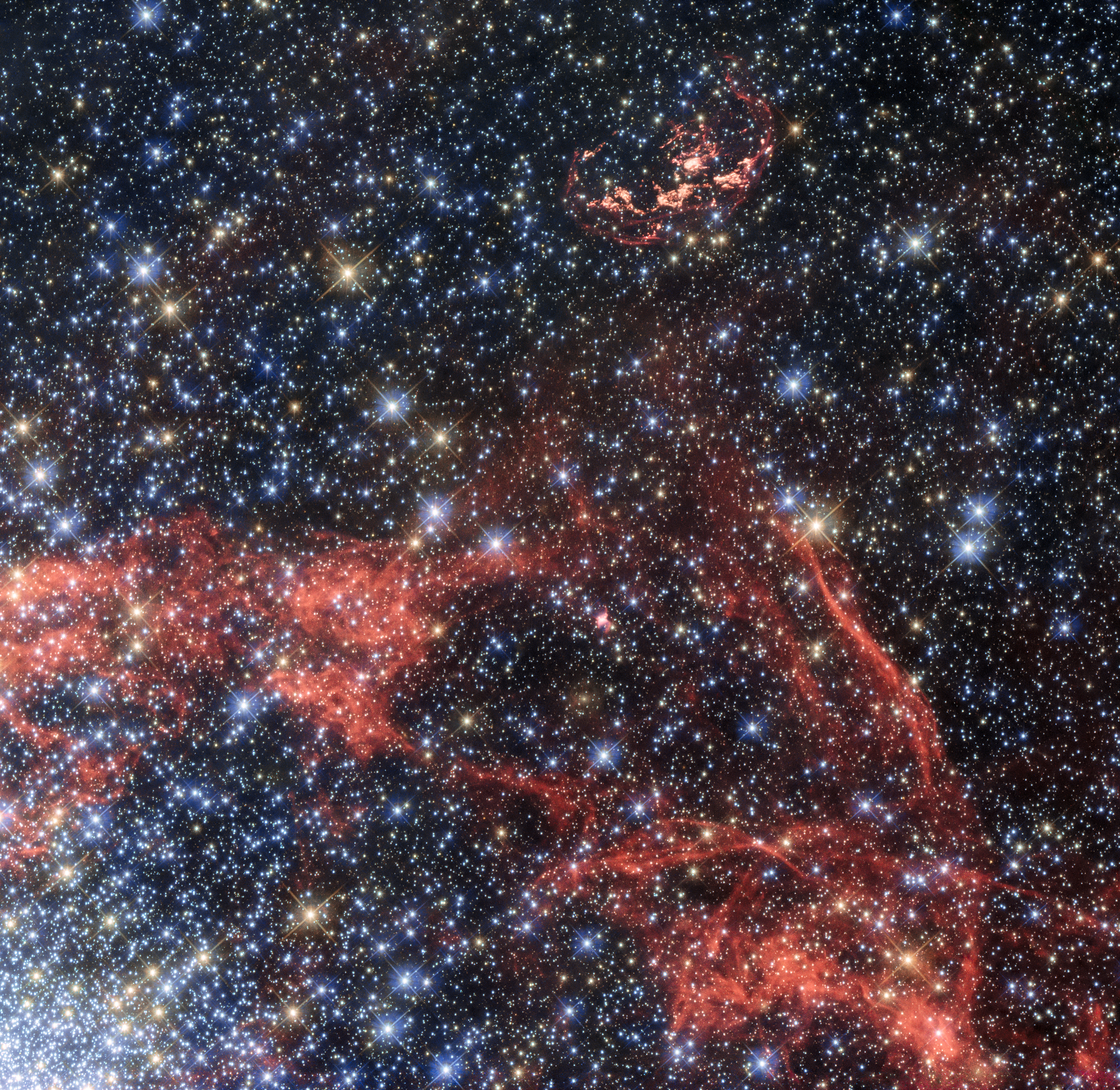 A new image taken with the Hubble Space Telescope shows the supernova remnant SNR 0509-68.7, also known as N103B. It&#039;s the wispy, elongated shell of red gas and dust near the top of the image. 