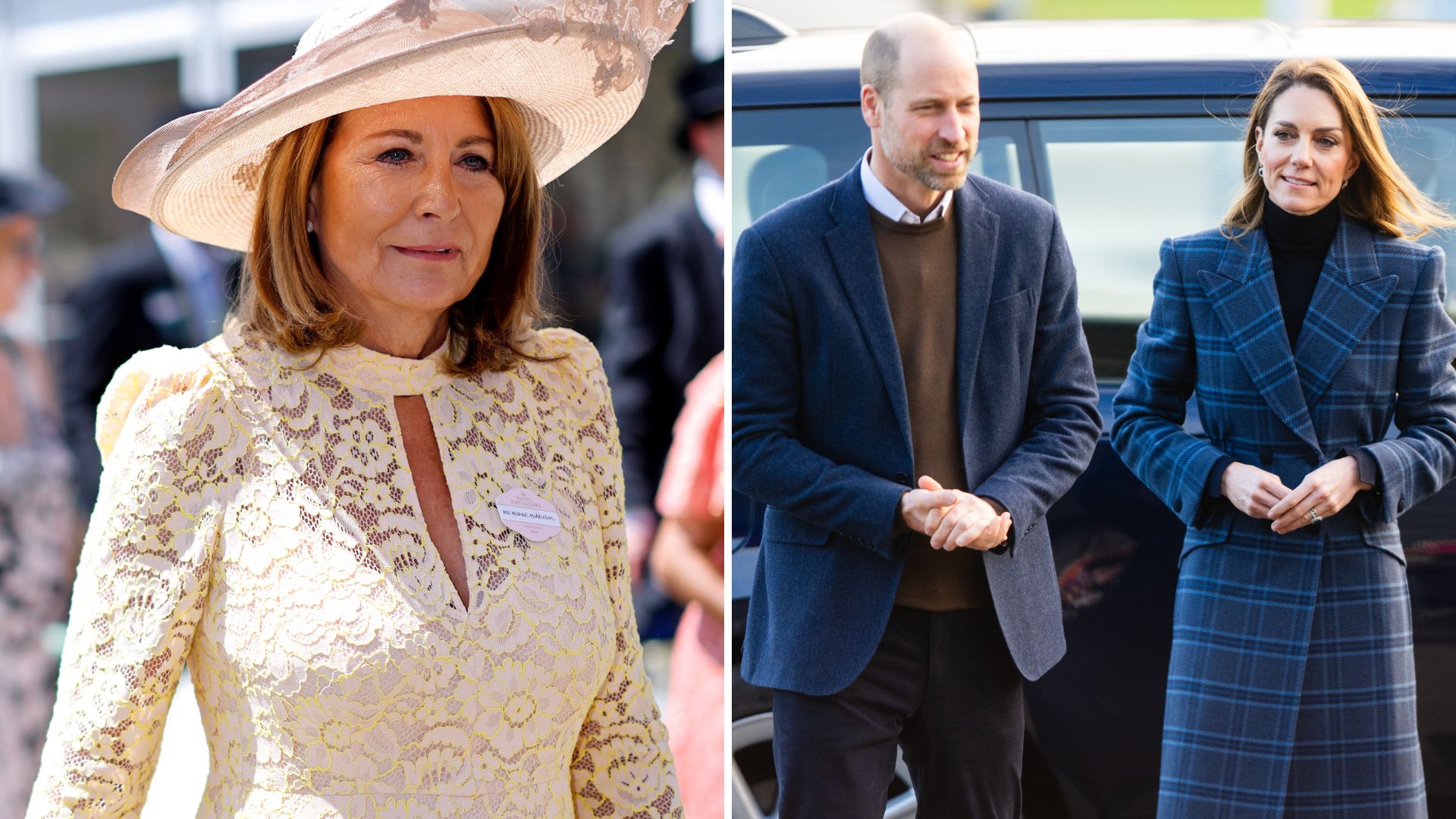A composite of a picture of Carole Middleton at Ascot and a picture of Prince William and Kate in Scotland