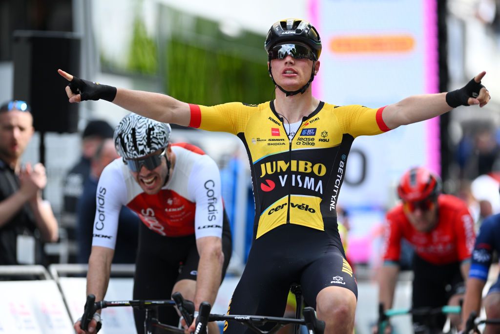 DUNKERQUE FRANCE MAY 16 Olav Kooij of The Netherlands and Team JumboVisma celebrates at finish line as stage winner ahead of Maximilian Walscheid of Germany and Team Cofidis during the 67th 4 Jours de Dunkerque Grand Prix des Hauts de France 2023 Stage 1 a 1966km at stage from Dunkerque to Abbeville on May 16 2023 in Dunkerque France Photo by Luc ClaessenGetty Images