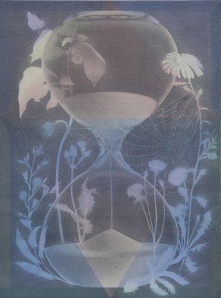 A piece of art with a dark blue background and pale images of an hourglass, spider's web, and foliage