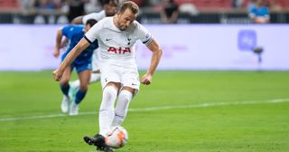 Barcelona vs Tottenham live stream: Harry Kane of Tottenham Hotspur takes the penalty kick during the preseason friendly between Tottenham Hotspur and the Lion City Sailors at the National Stadium on July 26, 2023 in Singapore.