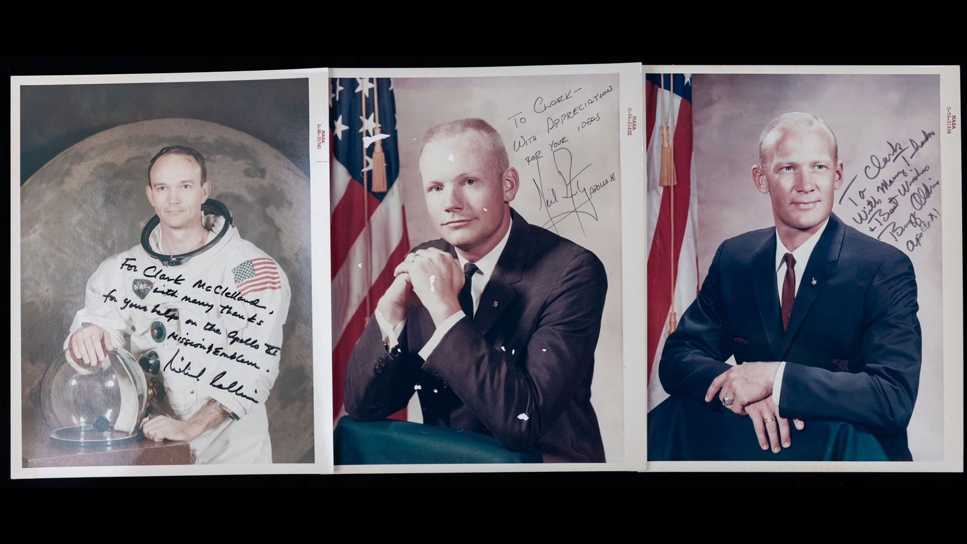 three photo prints of astronaut portraits, each inscribed and autographed