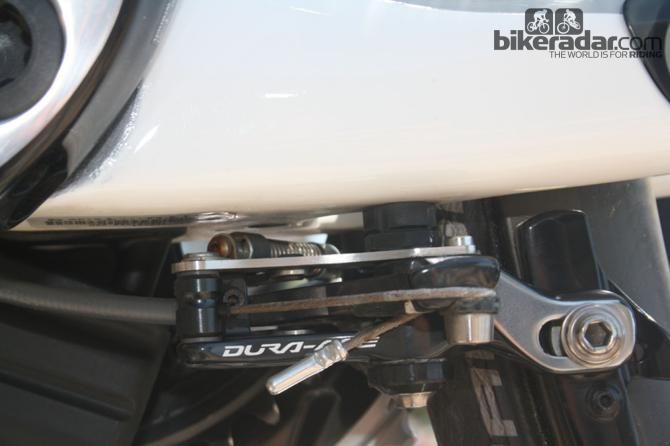 The fleet of 7-Series Treks have brakes mounted to the underside of the bottom bracket, time trial bike style