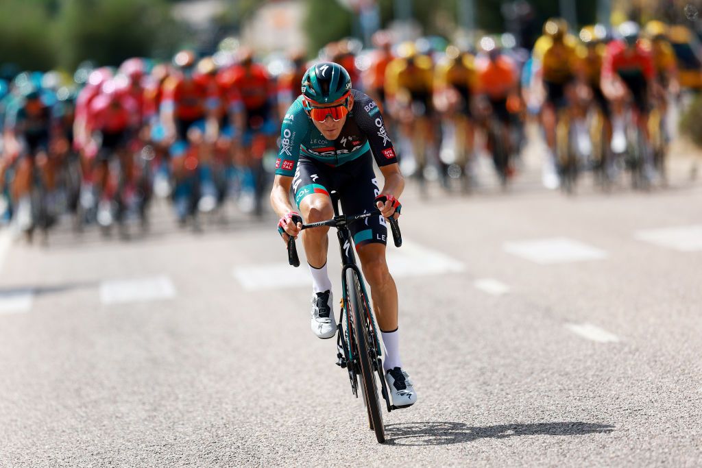 BURGOS SPAIN AUGUST 15 Lennard Kmna of Germany and Team BORA hansgrohe attacks during the 45th Vuelta a Burgos 2023 Stage 1 a 161km stage from Villalba de Duero to Burgos on August 15 2023 in Burgos Spain Photo by Gonzalo Arroyo MorenoGetty Images