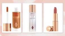 Collage of best Charlotte Tilbury products (L-R) Hollywood Flawless Filter, Airbrush Flawless Setting Spray and Pillow Talk Lipstick, on a pink watercolour background