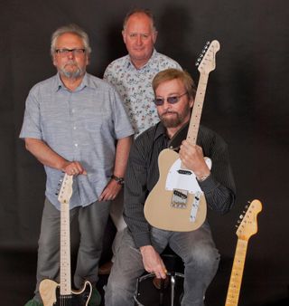 Jerry Donahue (bottom right) with JHS's Dennis Drumm (centre) and Vintage Signature V58 collaborator Trevor Wilkinson (left)