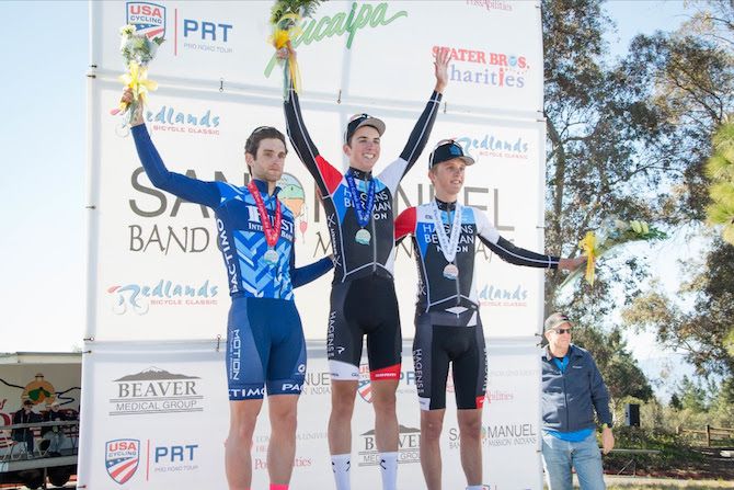 The podium after stage 1 of the 2019 Redlands Bicycle Classic, with winner Sean Quinn (Hagens Berman Axeon) flanked by second-placed Jarret Oldham (First Internet Bank Cycling) and defending champion Thomas Revard (Hagens Berman Axeon)