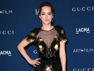 Dakota Johnson wears a floor length feathered gown to the LACMA: Art and Film Gala in LA