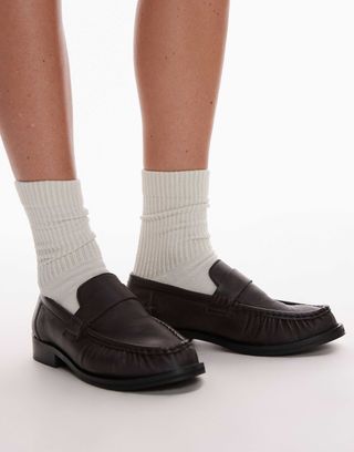 Topshop Carey Leather Loafers With Ruched Detail in Burnt Chocolate