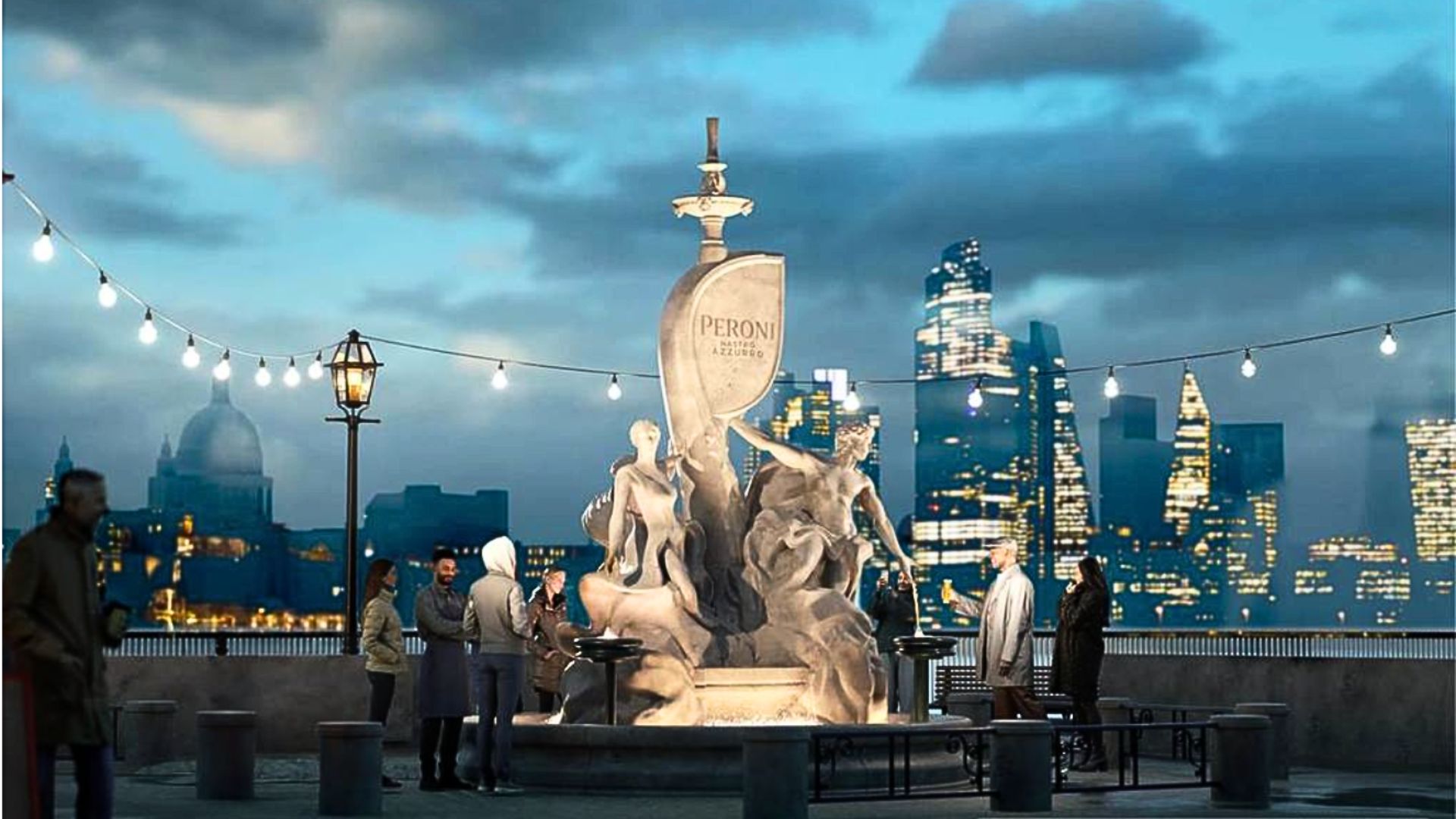 an AI image of the Peroni fountain on London&#039;s southbank