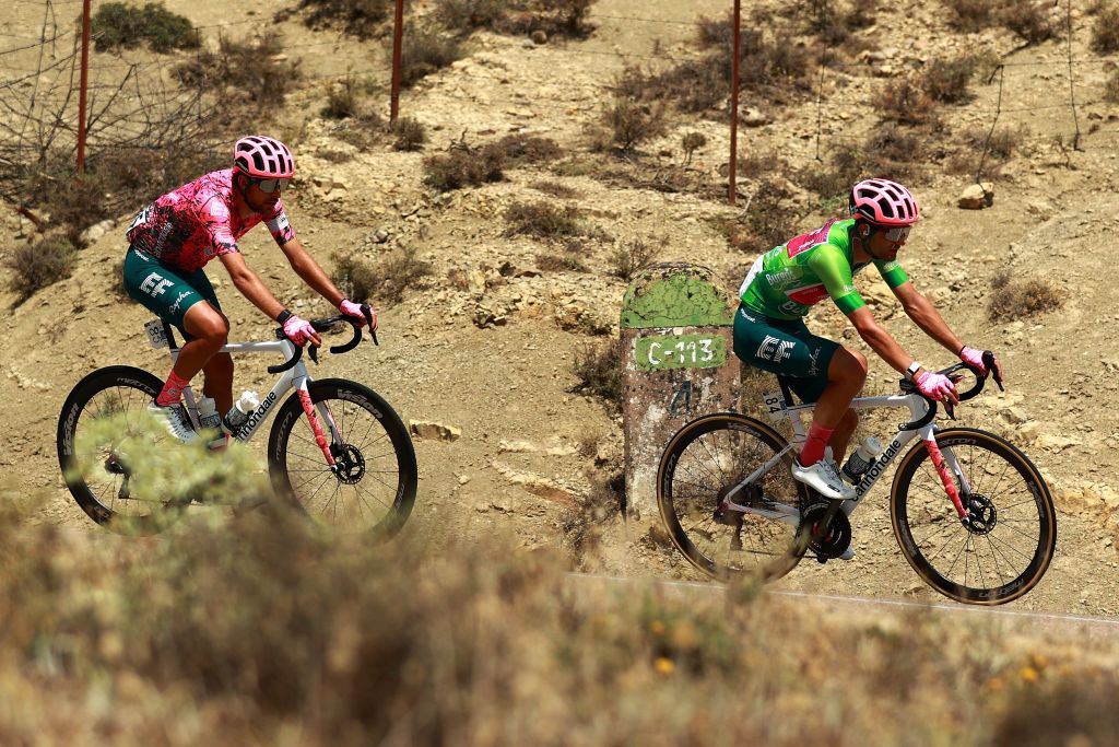 NEILA SPAIN AUGUST 06 LR James Callum Shaw of United Kingdom and Ruben Guerreiro of Portugal and Team EF Education Easypost Green Points Jersey compete during the 44th Vuelta a Burgos 2022 Stage 5 a 170km stage from Lerma to Lagunas de Neila 1867m VueltaBurgos on August 06 2022 in Neila Spain Photo by Gonzalo Arroyo MorenoGetty Images