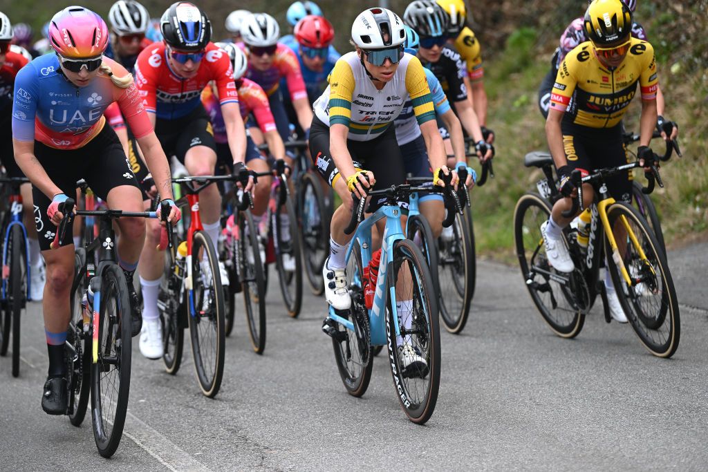 CITTIGLIO ITALY MARCH 19 LR Mikayla Harvey of New Zealand and UAE Team ADQ and Brodie Chapman of Australia and Team Trek Segafredo compete during the 24th Trofeo Alfredo BindaComune di Cittiglio 2023 Womens Elite a 139km one day race from Maccagno con Pino e Veddasca to Cittiglio UCIWWT on March 19 2023 in Cittiglio Italy Photo by Dario BelingheriGetty Images