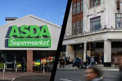 Left, the front of an Asda supermarket. Right, An M&S highstreet storefront