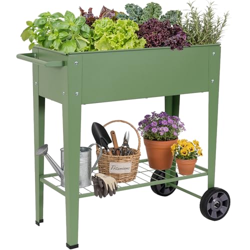 Permade Tall Raised Garden Bed Outdoor With Wheels, Metal Elevated Raised Planter Box With Drainage Holes for Vegetables, Flower, Herbs(green)