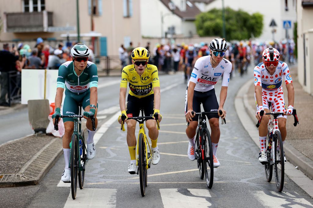 Final jerseys: Green jersey Jasper Philipsen (Alpecin Deceuninck), White jersey Tadej Pogacar (UAE Team Emirates), Yellow jersey Joas Vingegaard (Jumbo-Visma) and polka-dot jersey Giulio Ciccone (Lidl-Trek)