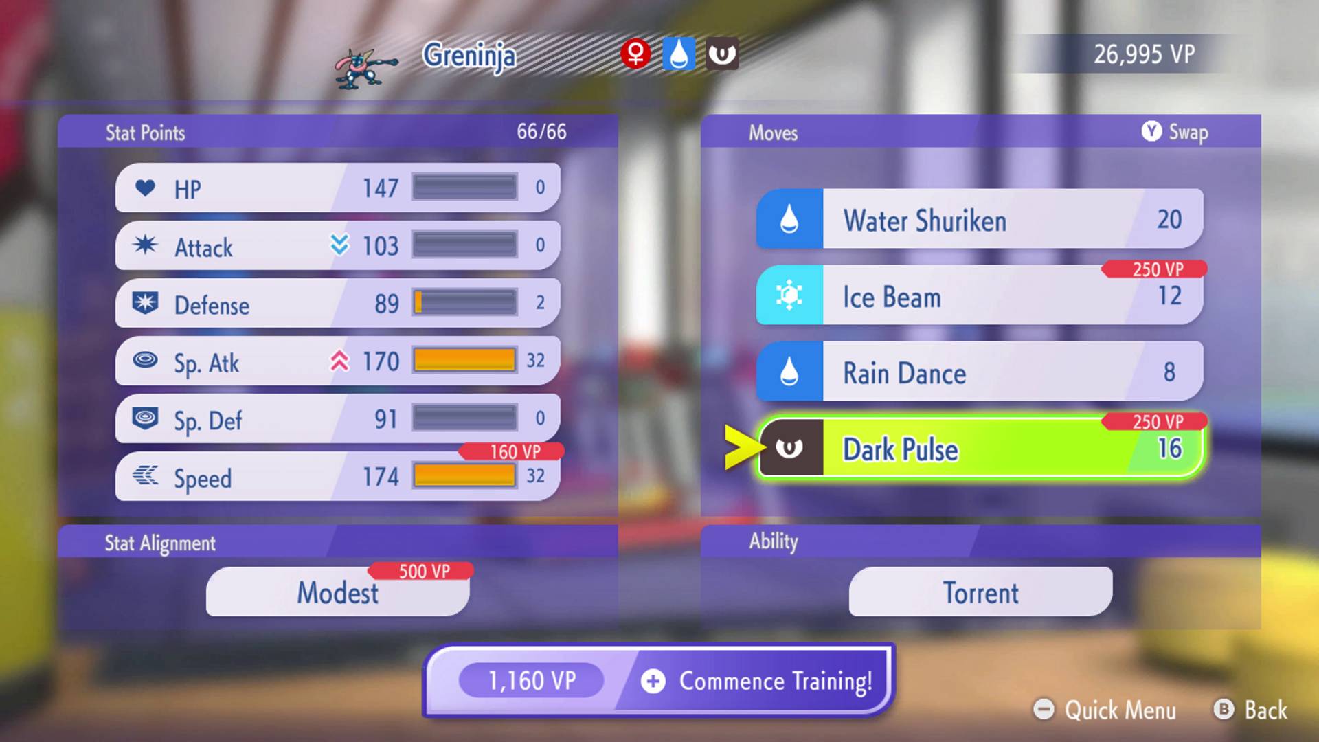 The training page in Pokemon Champions