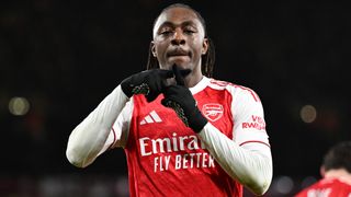 Eze celebrating his goal against Tottenham Hotspur as he grabbed a hattrick in the North London Derby as Arsenal won 4-1 in the Premier League.