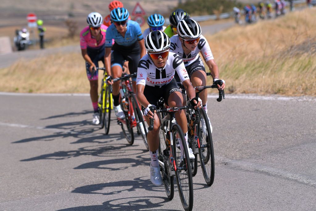 MOTTAMONTECORVINO ITALY SEPTEMBER 19 Coryn Rivera of The United States and Team Sunweb Juliette Labous of France and Team Sunweb Breakaway during the 31st Giro dItalia Internazionale Femminile 2020 Stage 9 a 1099km stage from Motta Montecorvino to Motta Montecorvino 645m GiroRosaIccrea GiroRosa on September 19 2020 in Motta Montecorvino Italy Photo by Luc ClaessenGetty Images