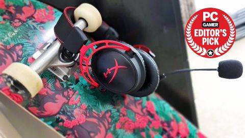 The HyperX Cloud Alpha Wireless headset in testing with PC Gamer Editor's Pick badge
