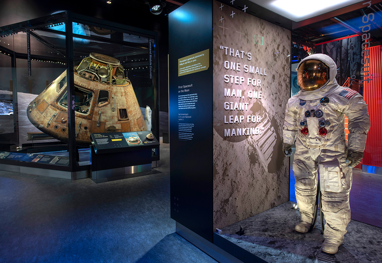 Neil Armstrong's Apollo 11 spacesuit and the mission's command module "Columbia" in the "Destination Moon" gallery at the National Air and Space Museum in Washington D.C.