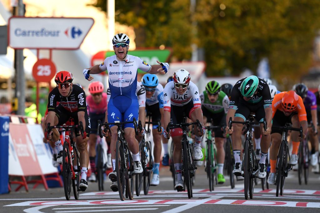 AGUILAR DE CAMPOO SPAIN OCTOBER 29 Arrival Gerben Thijssen of Belgium and Team Lotto Soudal Sam Bennett of Ireland and Team Deceuninck QuickStep Celebration Jasper Philipsen of Belgium and UAE Team Emirates Pascal Ackermann of Germany and Team BORA Hansgrohe during the 75th Tour of Spain 2020 Stage 9 a 1577km stage from Cid Campeador Military Base Castrillo del Val to Aguilar de Campoo lavuelta LaVuelta20 on October 29 2020 in Aguilar de Campoo Spain Photo by David RamosGetty Images