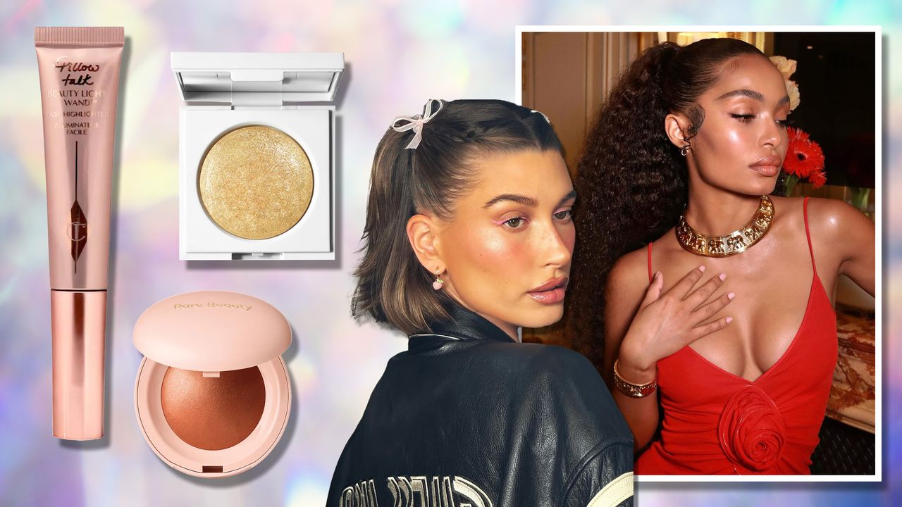 hailey bieber and yara shahidi wearing highlighter on a tie dye background